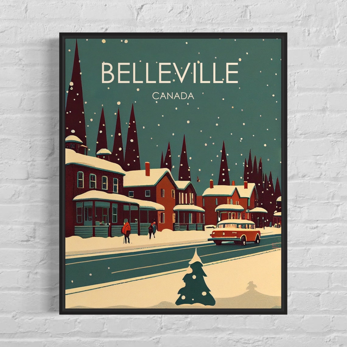 Belleville Canada Snowy Main Street Winter Night Vintage Poster