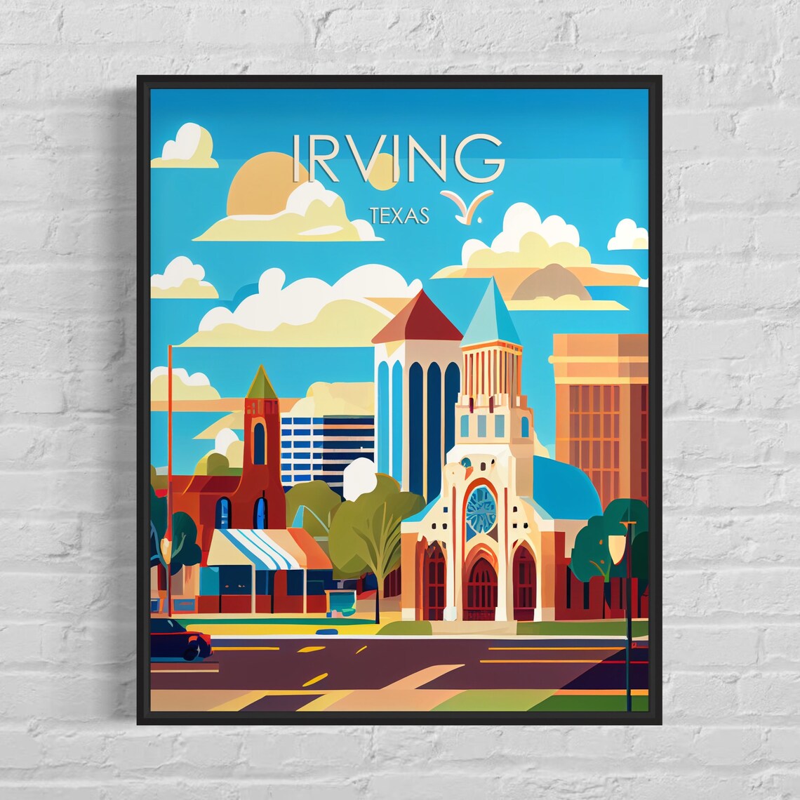 Irving Texas Vintage-Style Retro Downtown Skyline Travel Poster