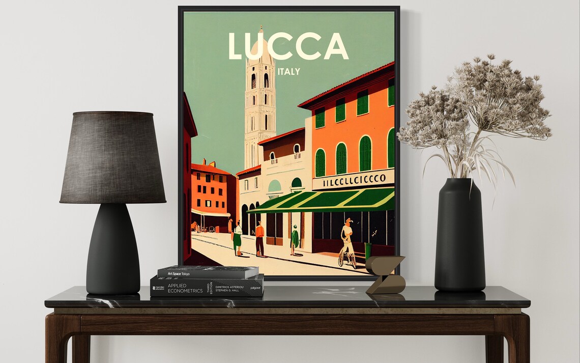 Lucca Italy Old Town Tower Sunlit Street Retro Travel Poster - Image 2