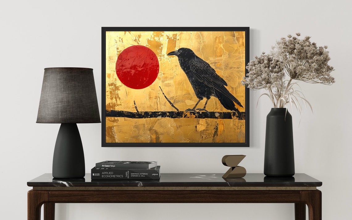 Raven Silhouette on Branch Red Sun Japanese Gold Leaf Art Poster - Image 2