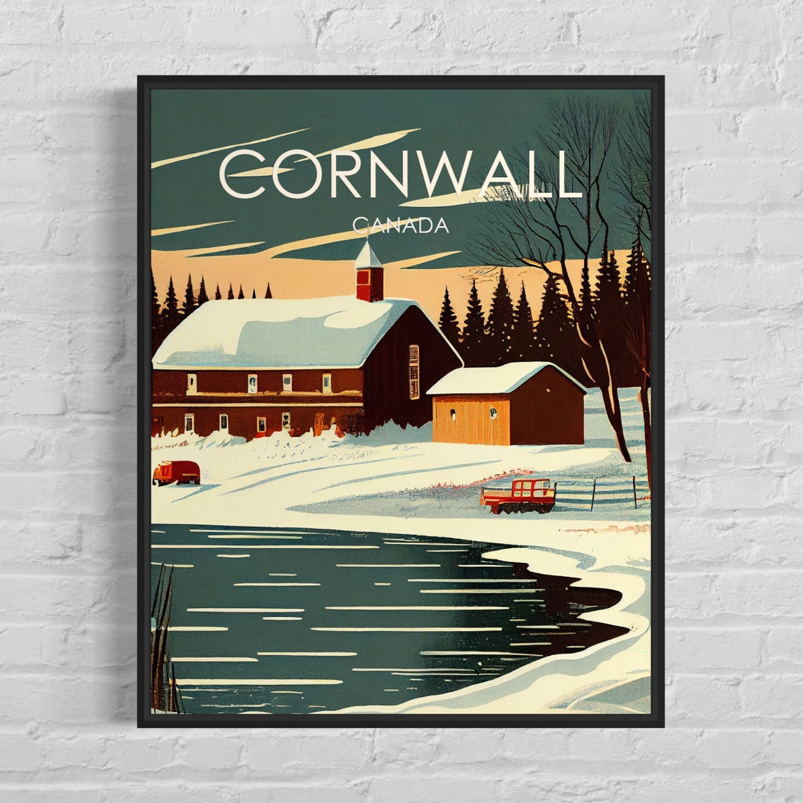 Cornwall Canada Snowy Riverside Church Winter Vintage Art Poster