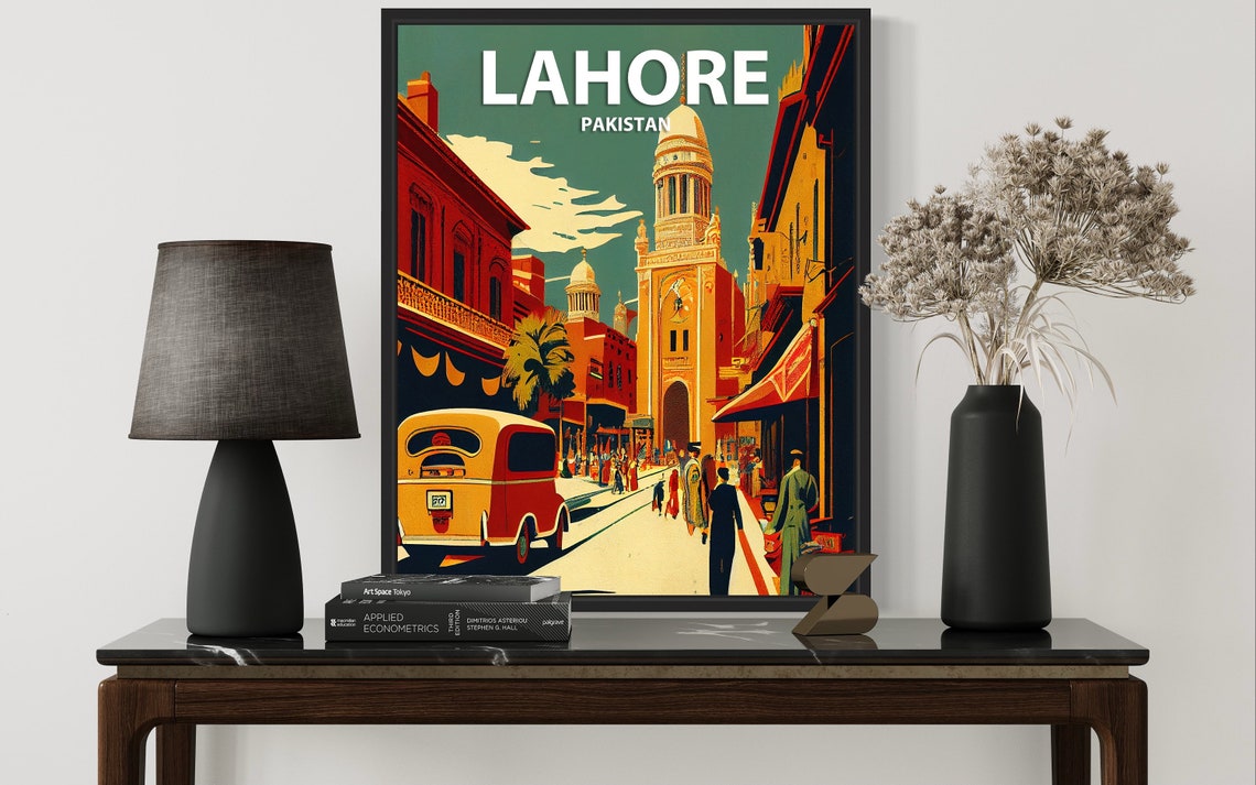 Lahore Pakistan Clock Tower Street Vintage Van Retro Travel Poster - Image 3