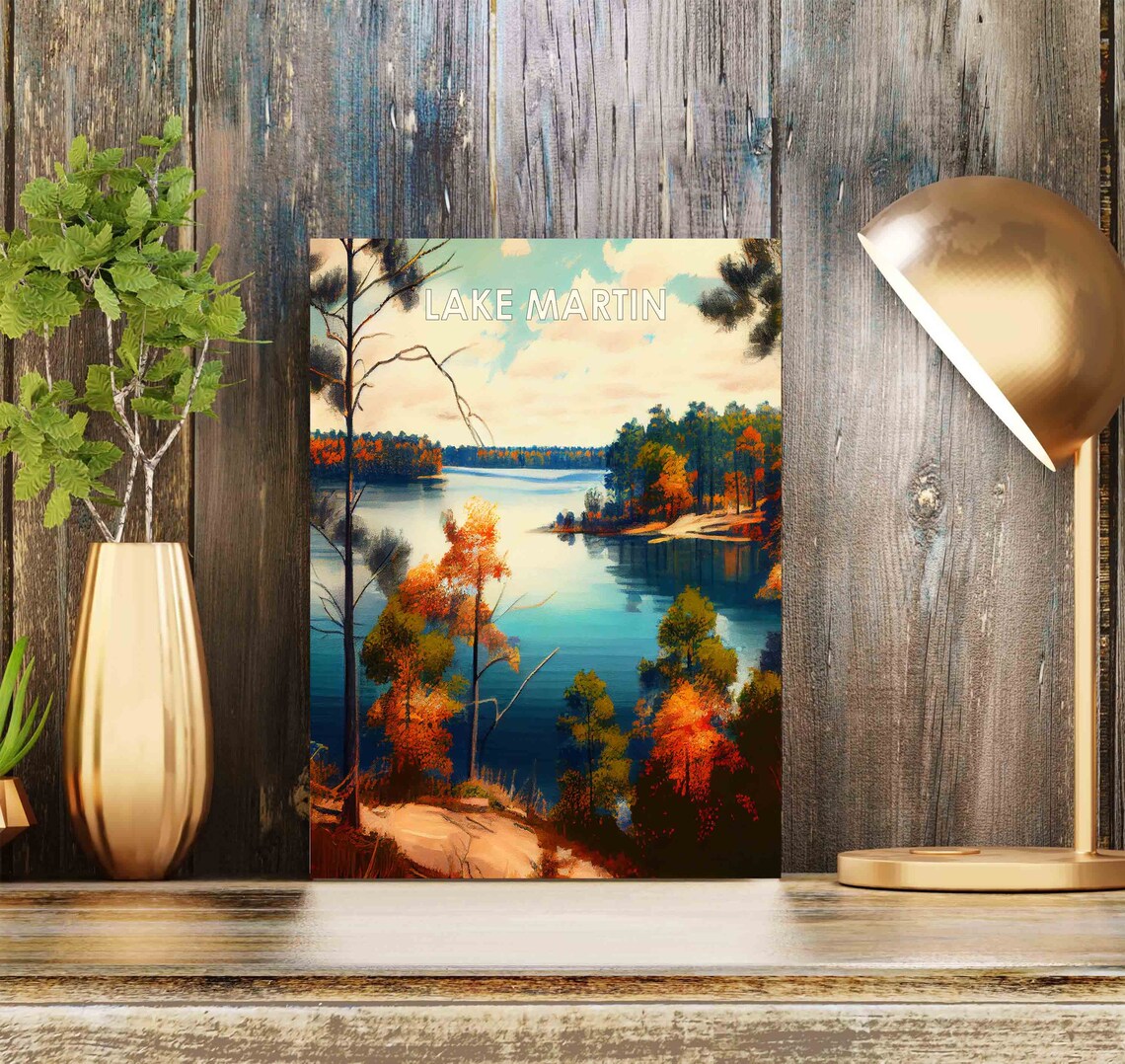 Lake Martin Autumn Shoreline Painterly Lakeside Retro Travel Poster - Image 2