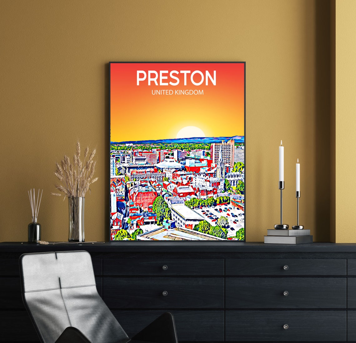 Preston United Kingdom Sunset Cityscape Modern Skyline Art Poster - Image 2