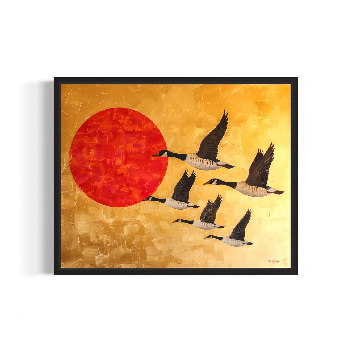 Canada Geese Formation in Flight Against Red Sun Gold Poster