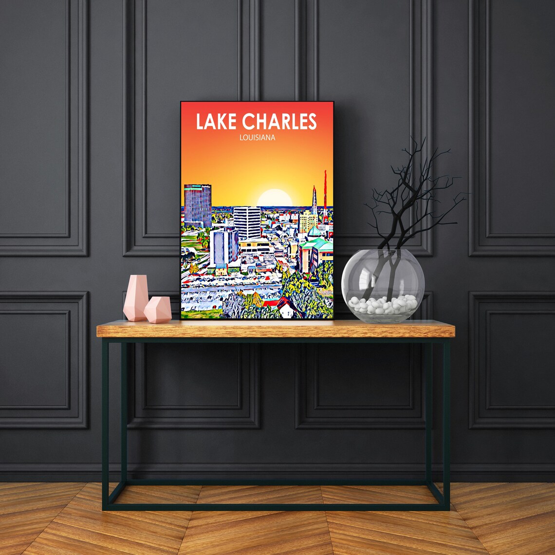 Lake Charles Louisiana Sunset Skyline Golden Pop Art Travel Poster - Image 3