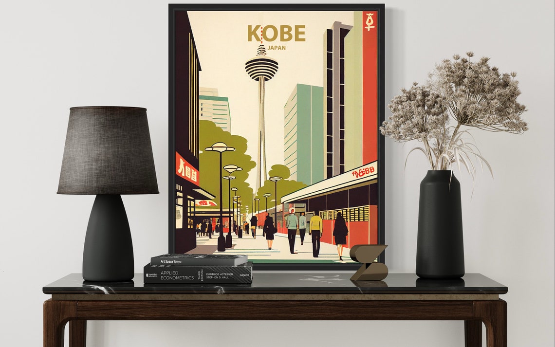 Kobe Japan Port Tower Retro Streetscape 1960s Style Travel Poster - Image 3