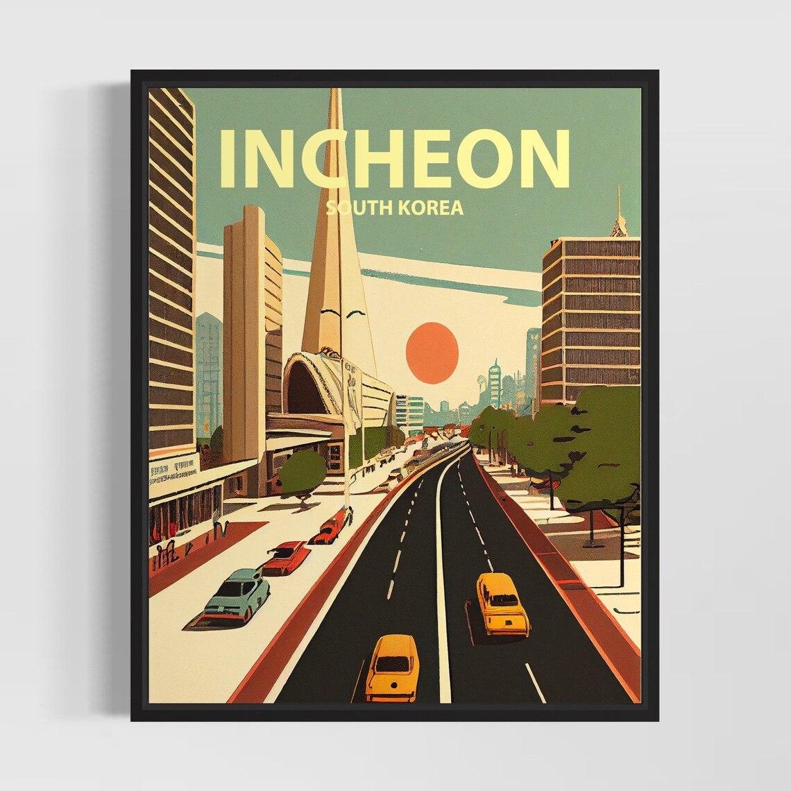 Incheon South Korea City Avenue Sunset Retro Travel Art Poster