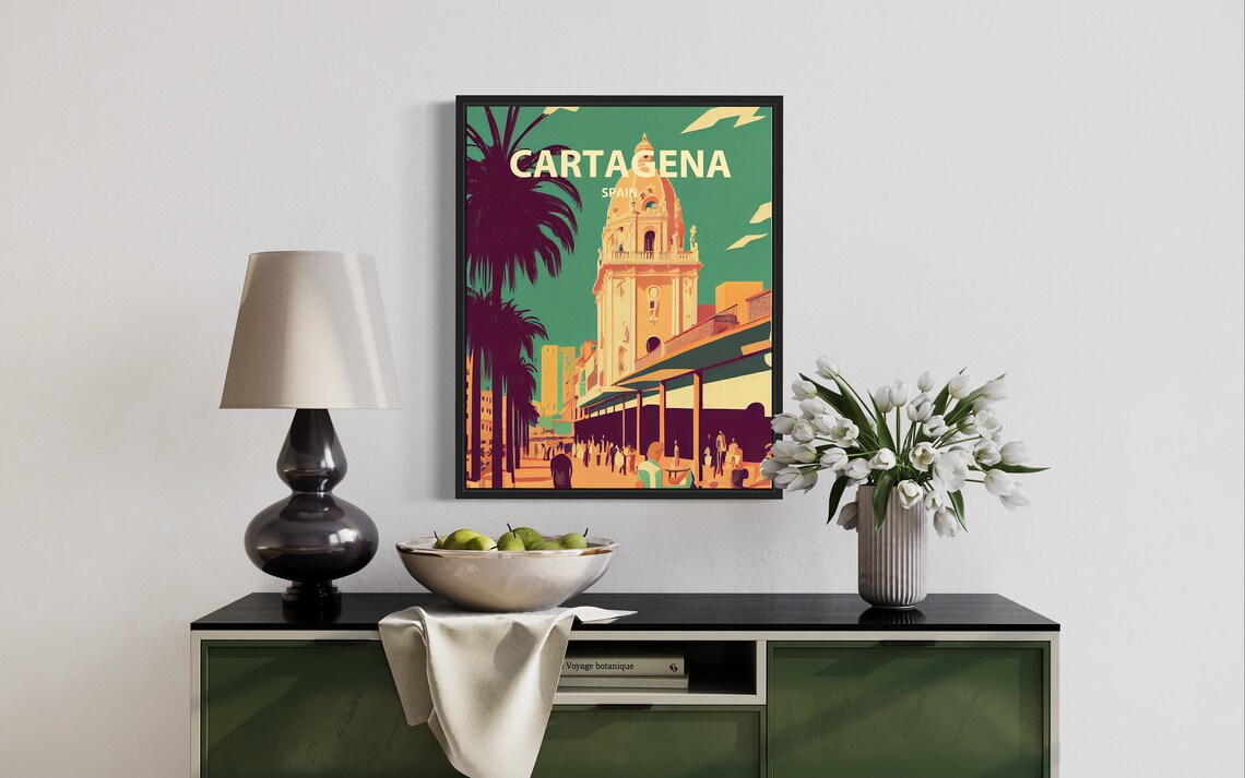 Cartagena Spain Bell Tower Palm Lined Promenade Vintage Poster - Image 3