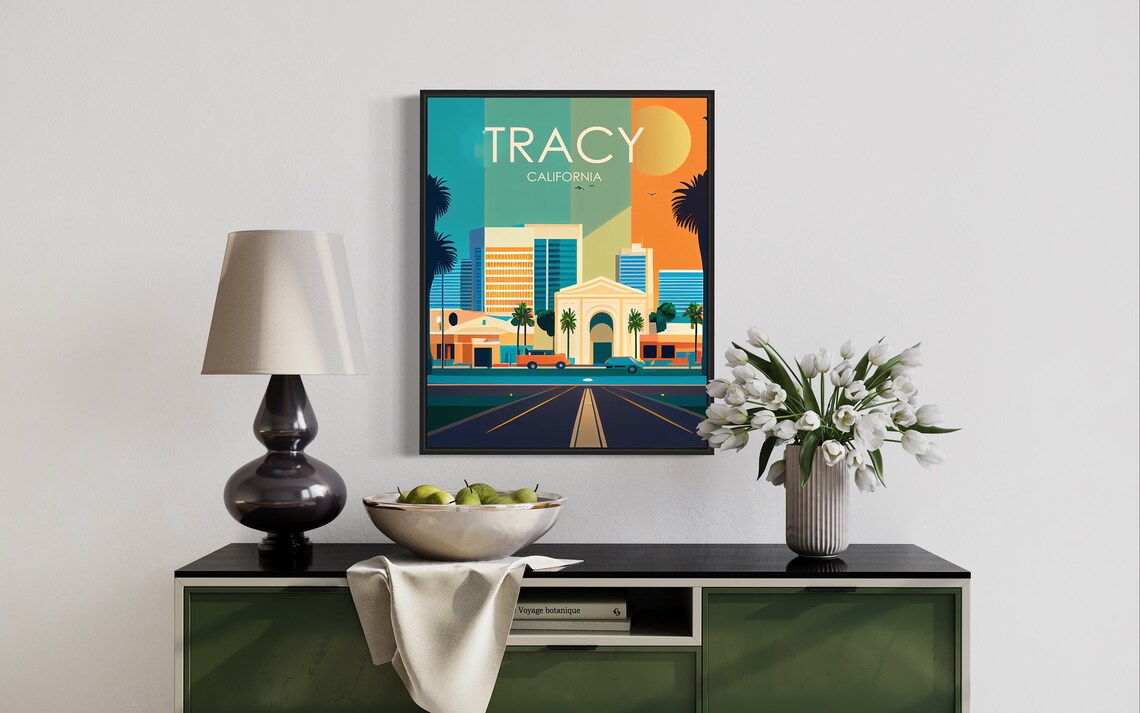 Tracy California Palm Avenue Sunset Cityscape Vintage Poster - Image 2