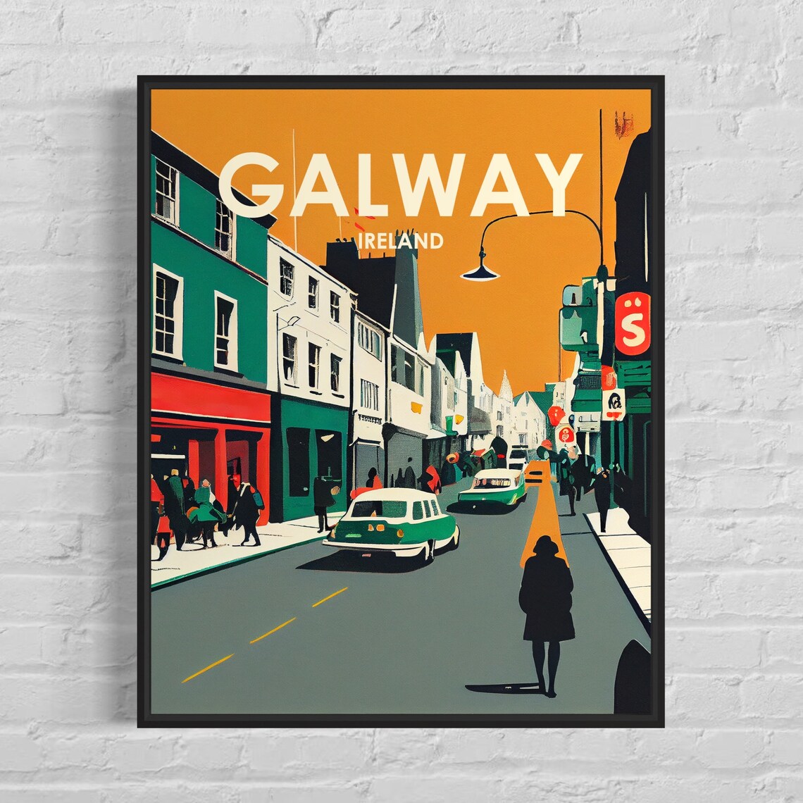 Galway Ireland City Street Classic Cars Sunset Retro Travel Poster