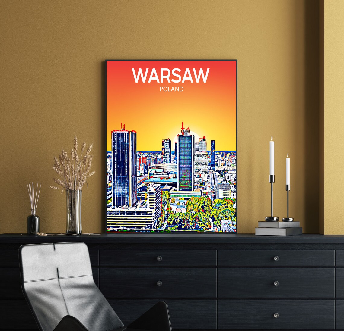 Warsaw Poland Colorful Pop Art City Skyline Sunset Travel Poster - Image 2