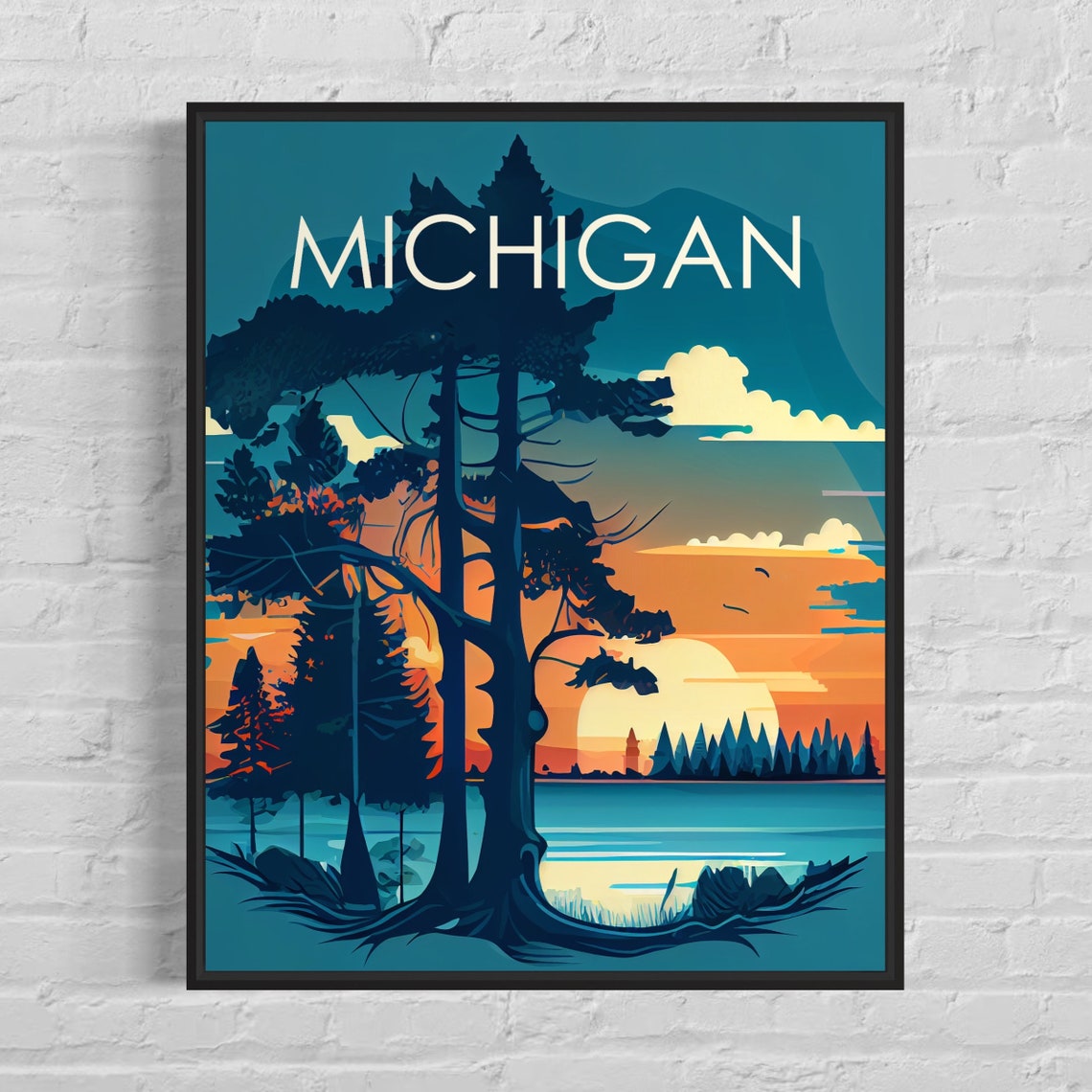 Michigan Sunset Poster with a Towering Pine Silhouette by the Lake