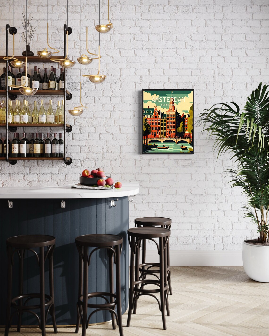 Amsterdam Netherlands Canal Bridge Wooden Boats Vintage Poster - Image 2