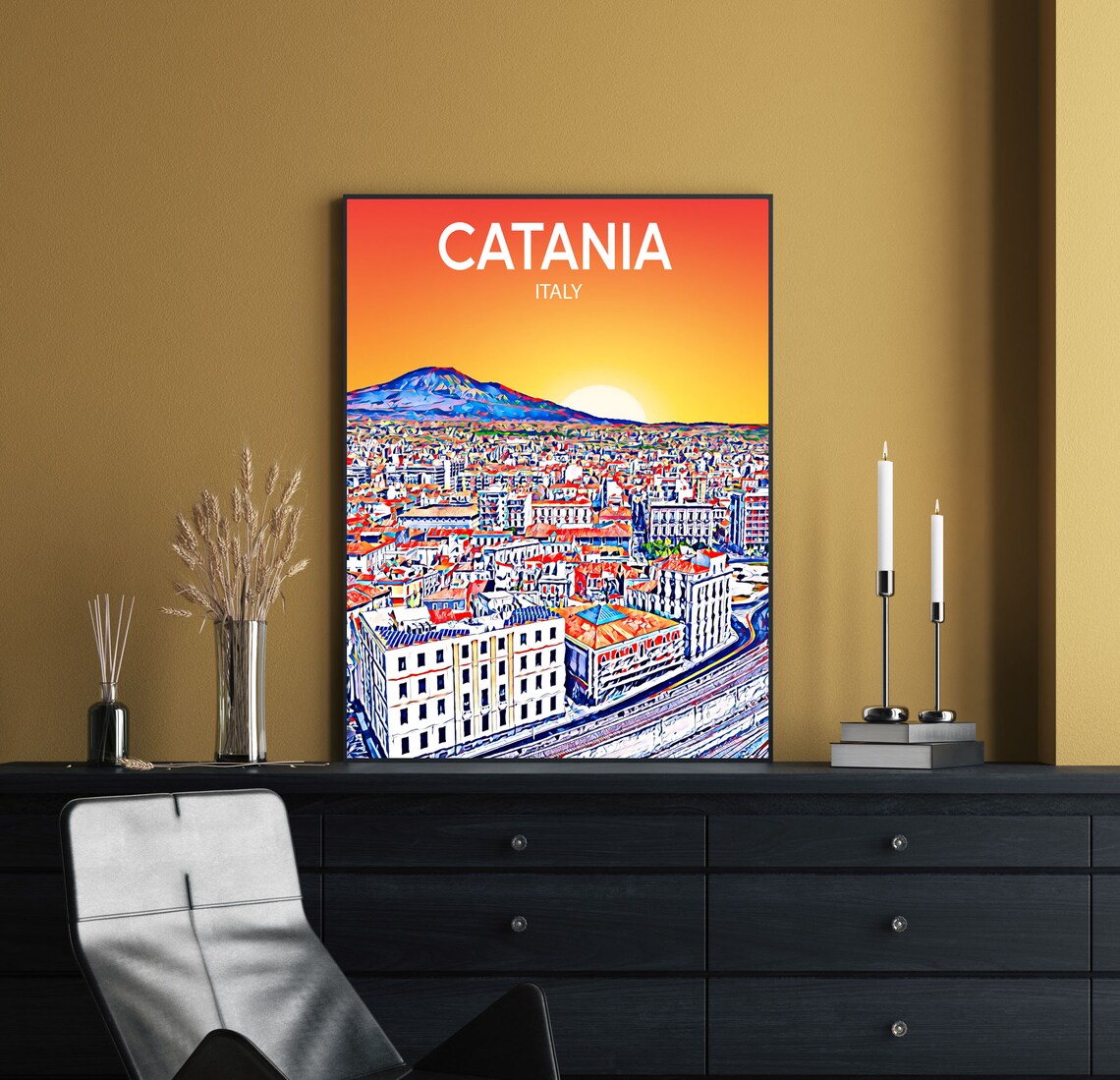Catania Italy Mount Etna Sunset Cityscape Colorful Travel Poster - Image 2
