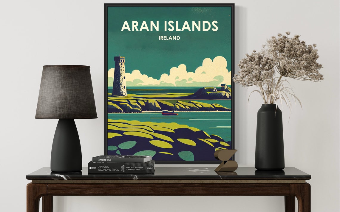 Aran Islands Ireland Lighthouse Green Rocky Coast Retro Travel Poster - Image 2