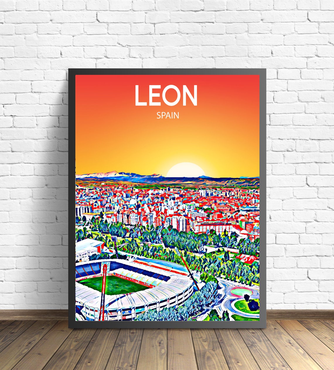 Leon Spain Stadium Sunset Skyline Vibrant Cityscape Art Poster