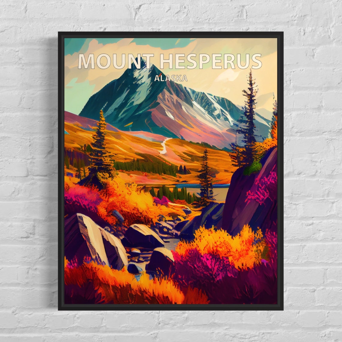 Mount Hesperus Alaska Rocky Stream Fall Tundra Vintage Travel Poster