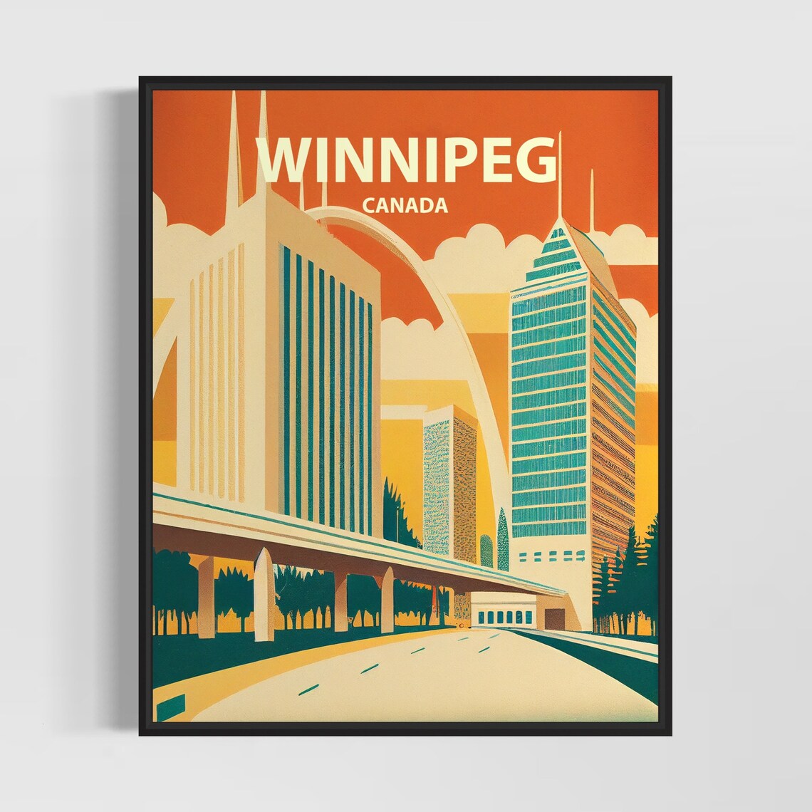 Winnipeg Canada Skyline Arch Overpass Retro City Travel Poster