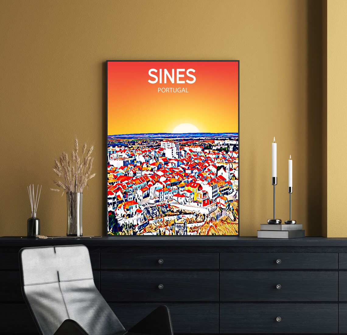 Sines Portugal Sunset Coastal Town Terracotta Rooftops Art Poster - Image 2