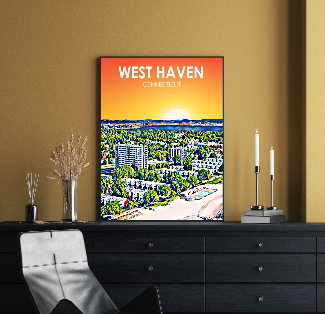West Haven Connecticut Sunset Harbor Skyline Painted Artwork Poster - Image 2
