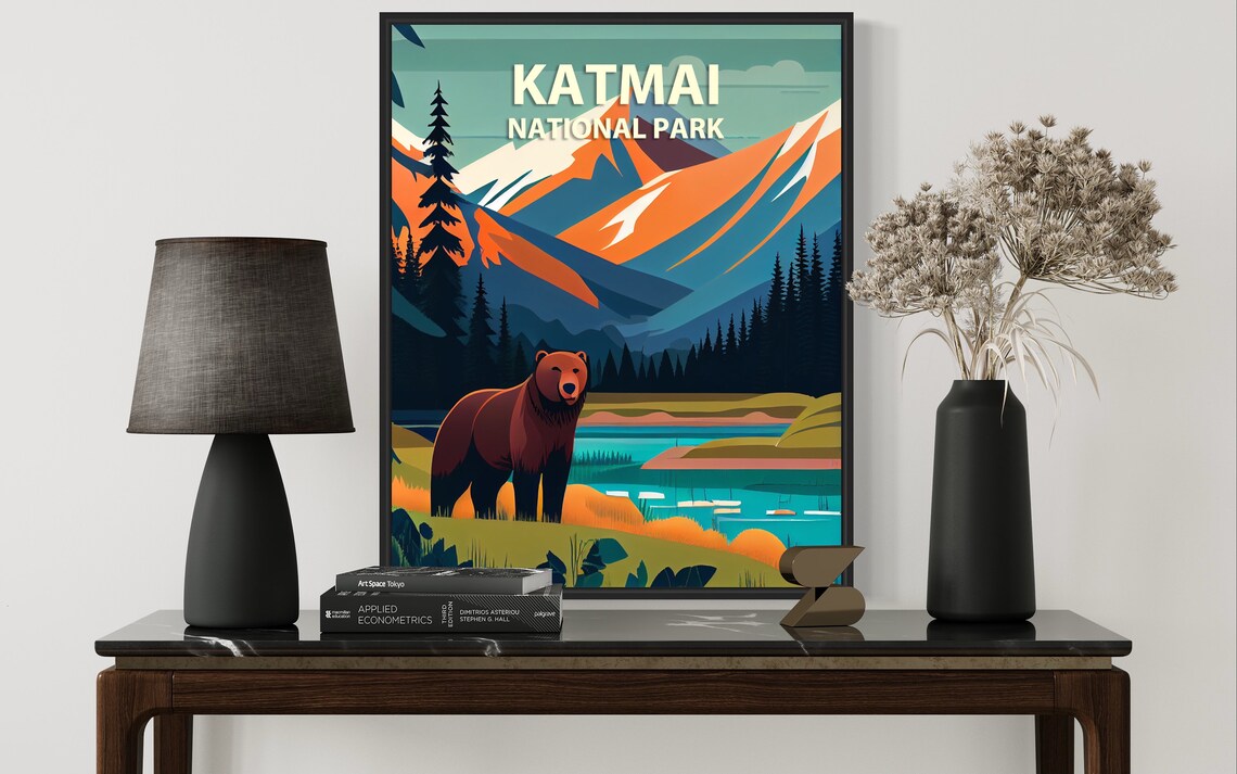 Katmai National Park Alaska Brown Bear Mountains Retro Travel Poster - Image 3