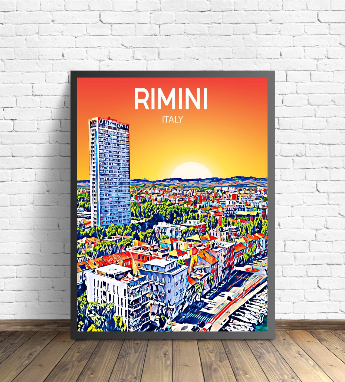 Rimini Italy Sunset Cityscape Beachfront Seaside Tower Art Poster