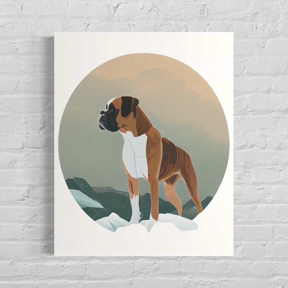 Brindle Boxer Dog Standing in Snowy Mountains Circle Art Poster