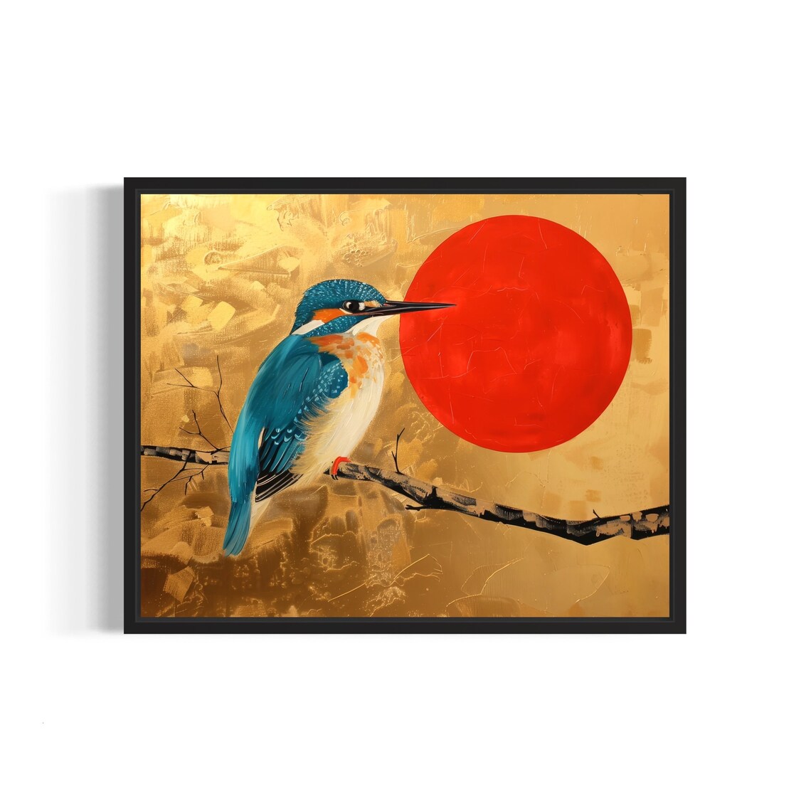 Kingfisher Perched by Red Sun Gold Leaf Branch Bird Art Poster