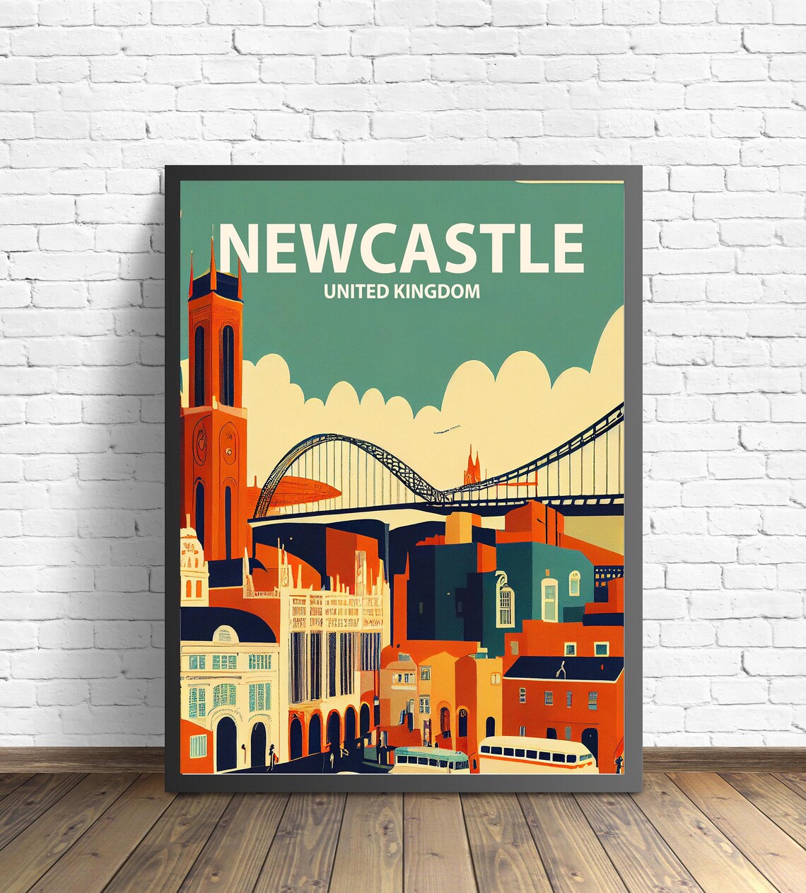 Newcastle United Kingdom Retro Cityscape Bridge Travel Poster