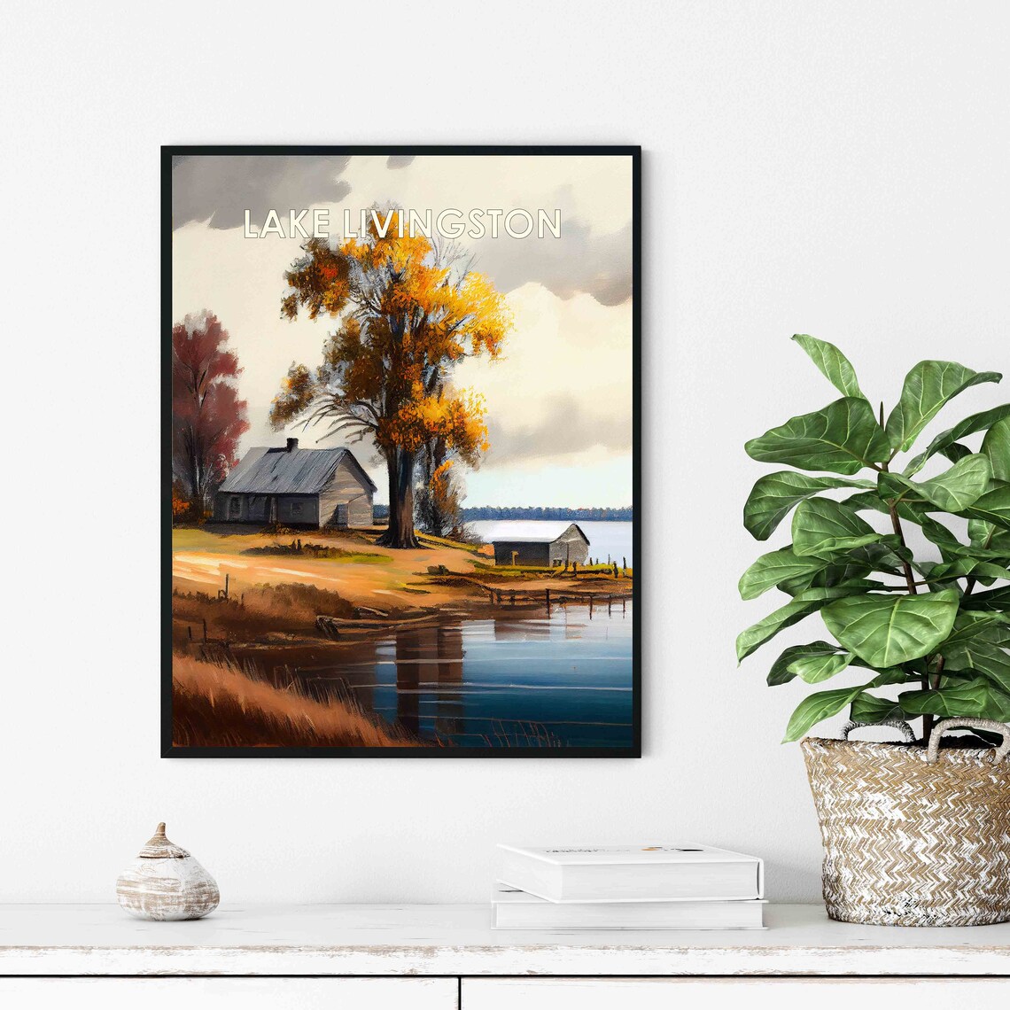 Lake Livingston Texas Retro Poster with a Lakeside Cabin at Sunset - Image 3