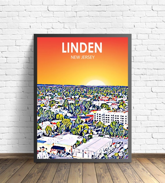 Linden Nj Art Poster New Jersey Sunset Landscape Poster Print Linden City Framed Wall Art Colorful Skyline Sketch Photo
