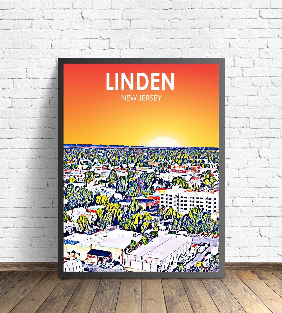 Linden New Jersey Colorful Sunset Skyline City Travel Poster