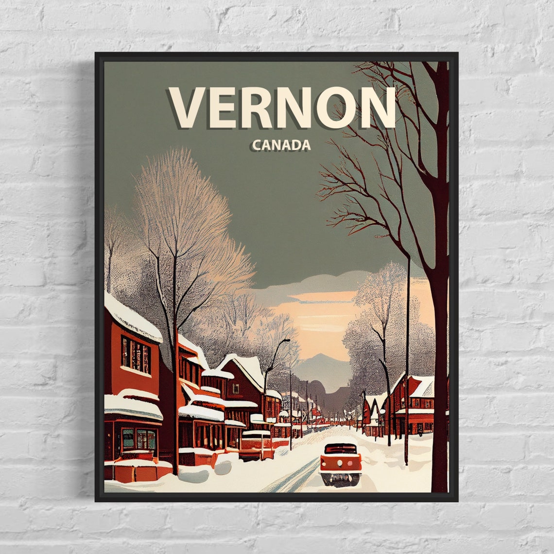 Vernon Canada Snowy Sunset Street Scene Vintage Winter Poster