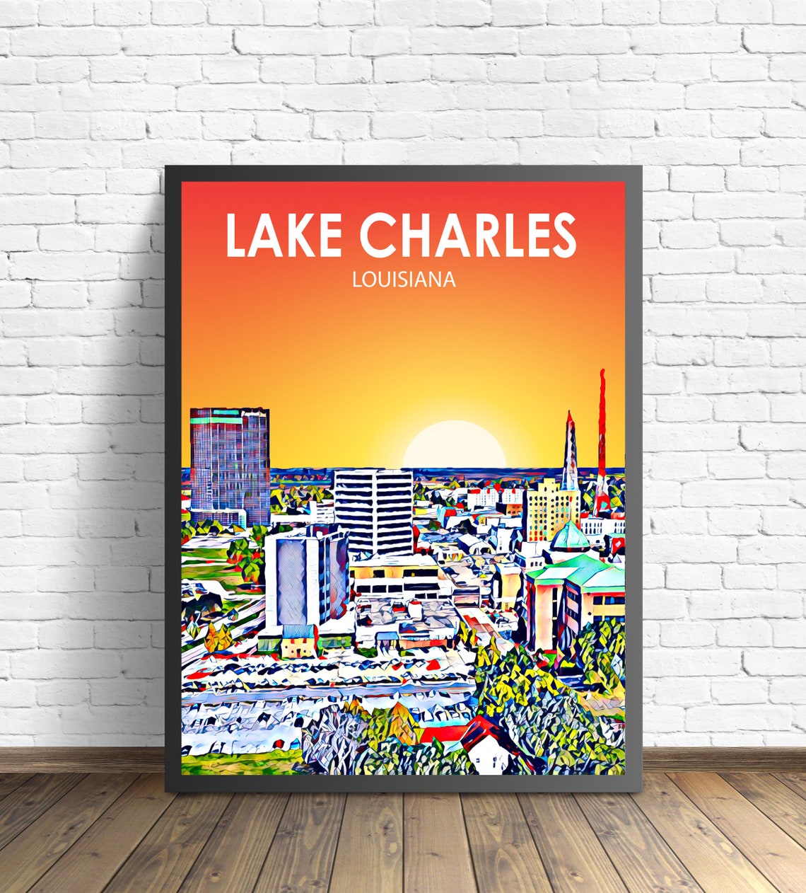 Lake Charles La Art Poster Louisiana Sunset Landscape Poster Print Lake Charles City Wall Art Colorful Skyline Sketch Photo