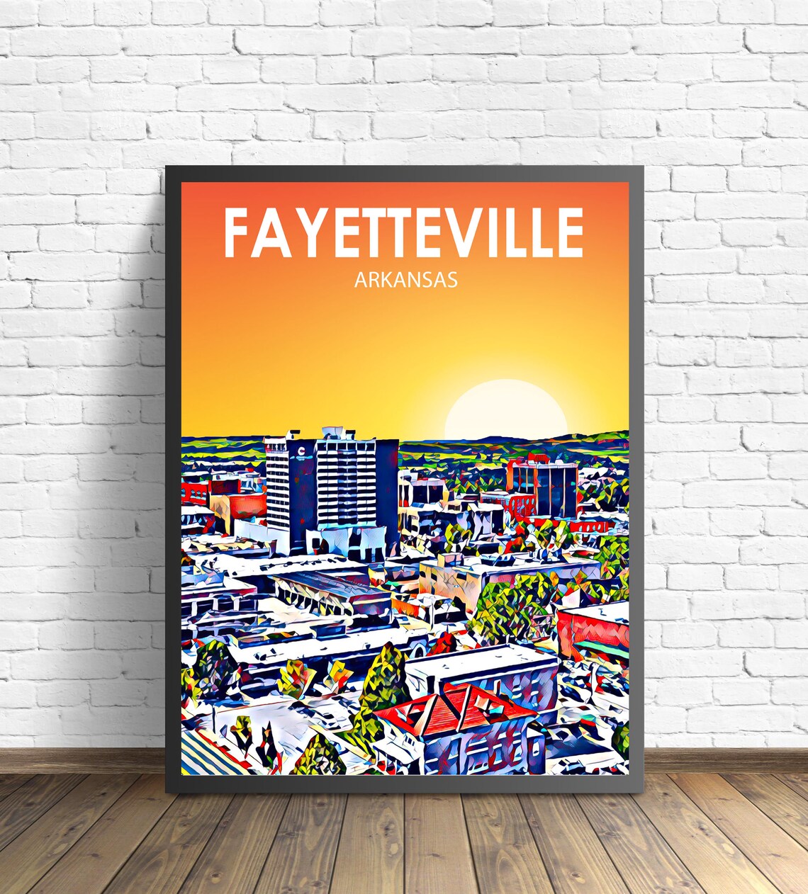 Fayetteville Arkansas Art Poster Sunset Landscape Poster Print Fayetteville City Framed Wall Art Skyline Sketch Photo