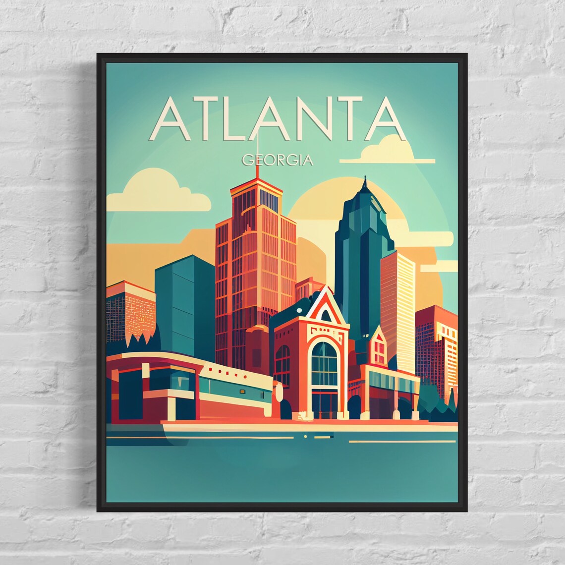 Atlanta Georgia Downtown Skyline Coral Teal Sunset City Travel Poster