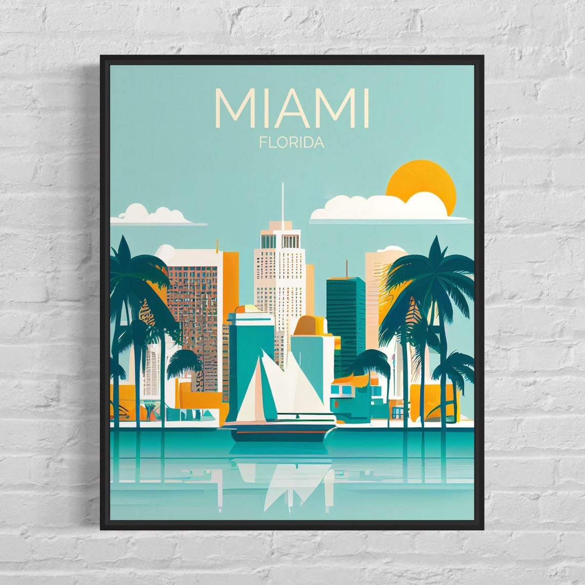Miami Florida Skyline Palm Trees Sailboat Sunset Travel Poster