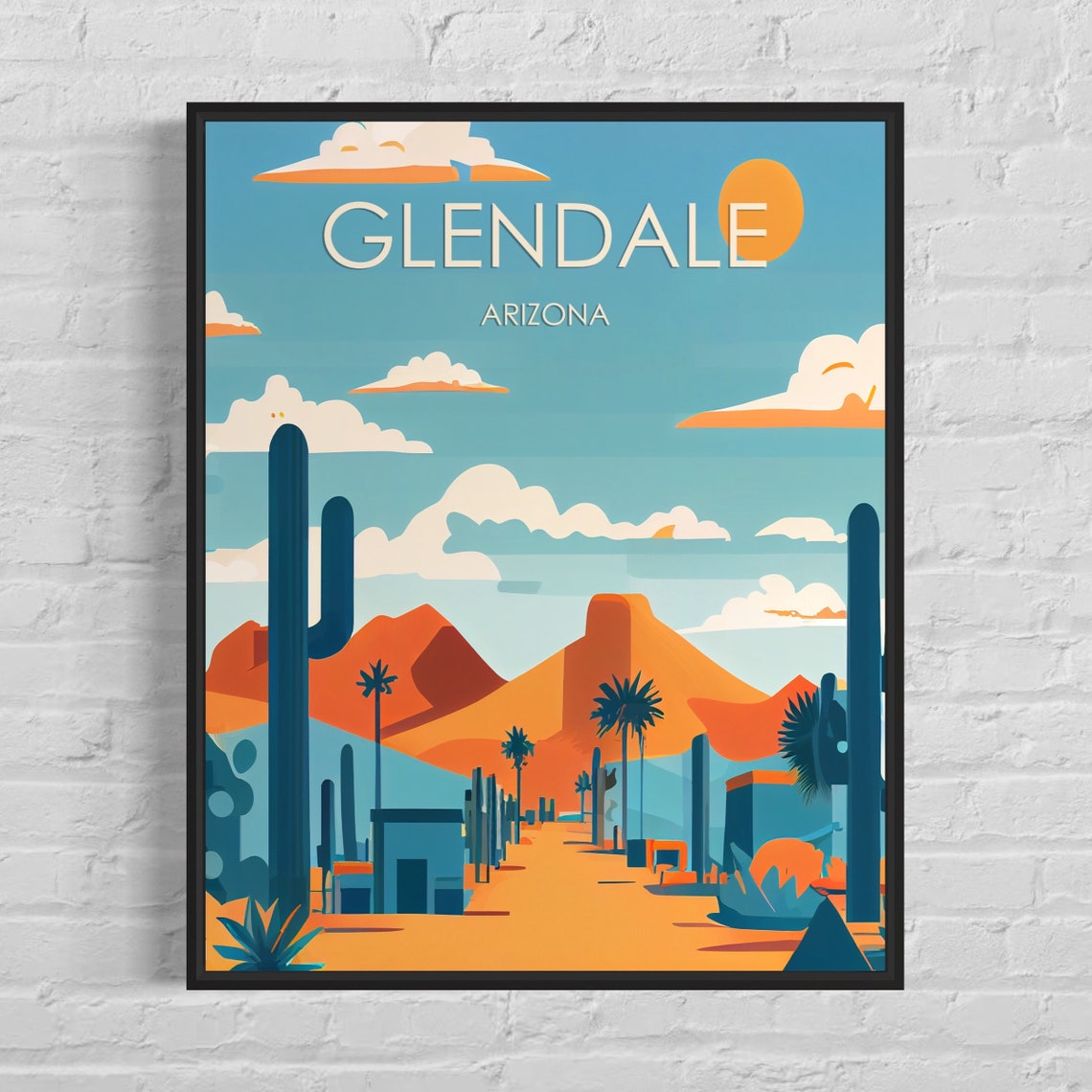 Glendale Arizona Desert Road Poster with Saguaros and Red Mesas