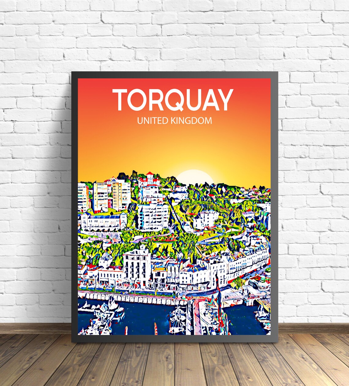 Torquay United Kingdom Sunset Harbor Town View Travel Poster