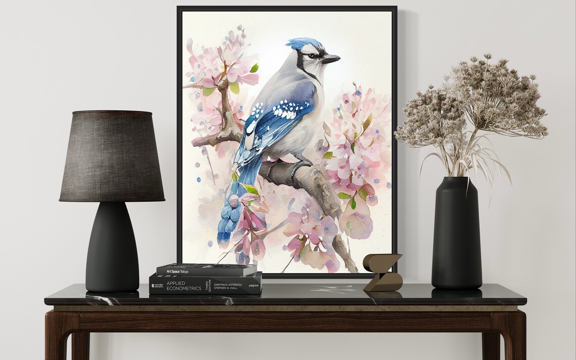 Elegant Blue Jay Watercolor on Pink Blossom Branch Art Poster - Image 3