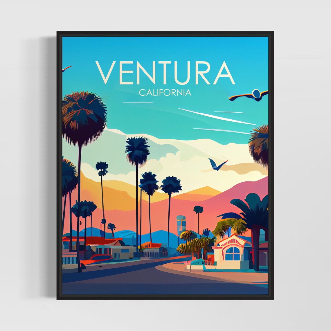Ventura California Silhouetted Palm Tree Sunset Street Retro Poster
