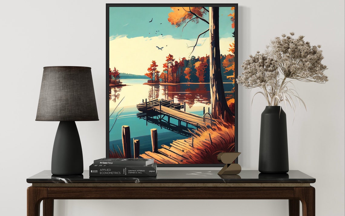 Kerr Lake Autumn Wooden Dock Boathouse Retro Lakeside Poster - Image 2