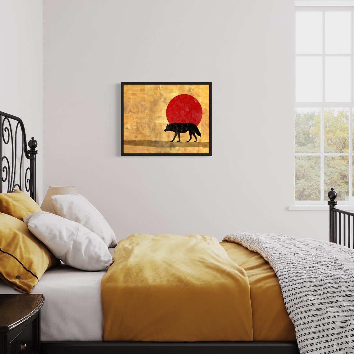Black Wolf Striding Past Red Sun Gold Leaf Wilderness Scene Poster - Image 3