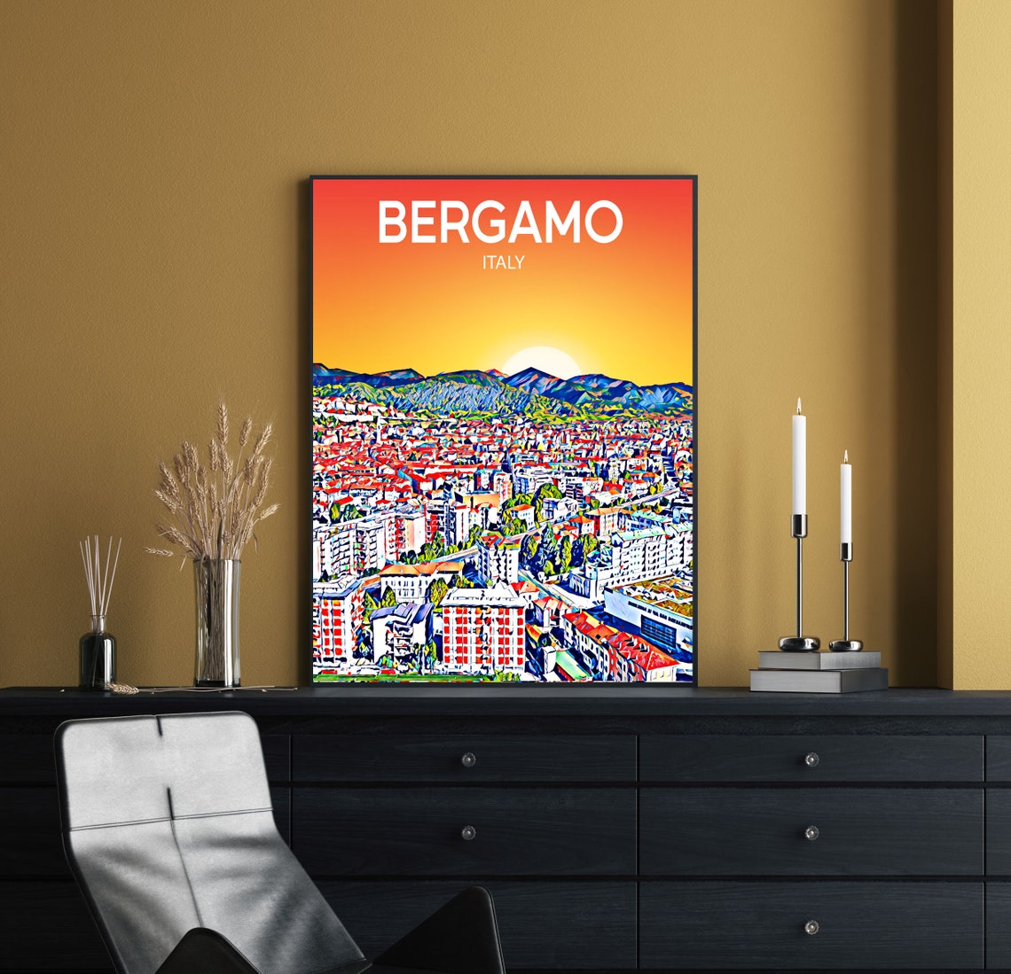 Bergamo Italy Sunset Skyline Mountain View Travel Poster Art - Image 2