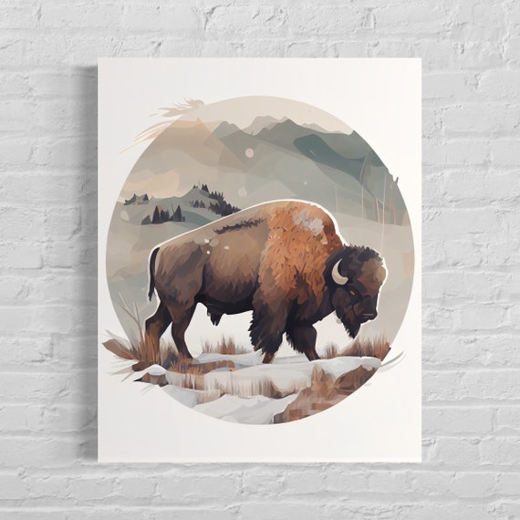 American Bison Grazing in a Snowy Mountain Valley Landscape Poster