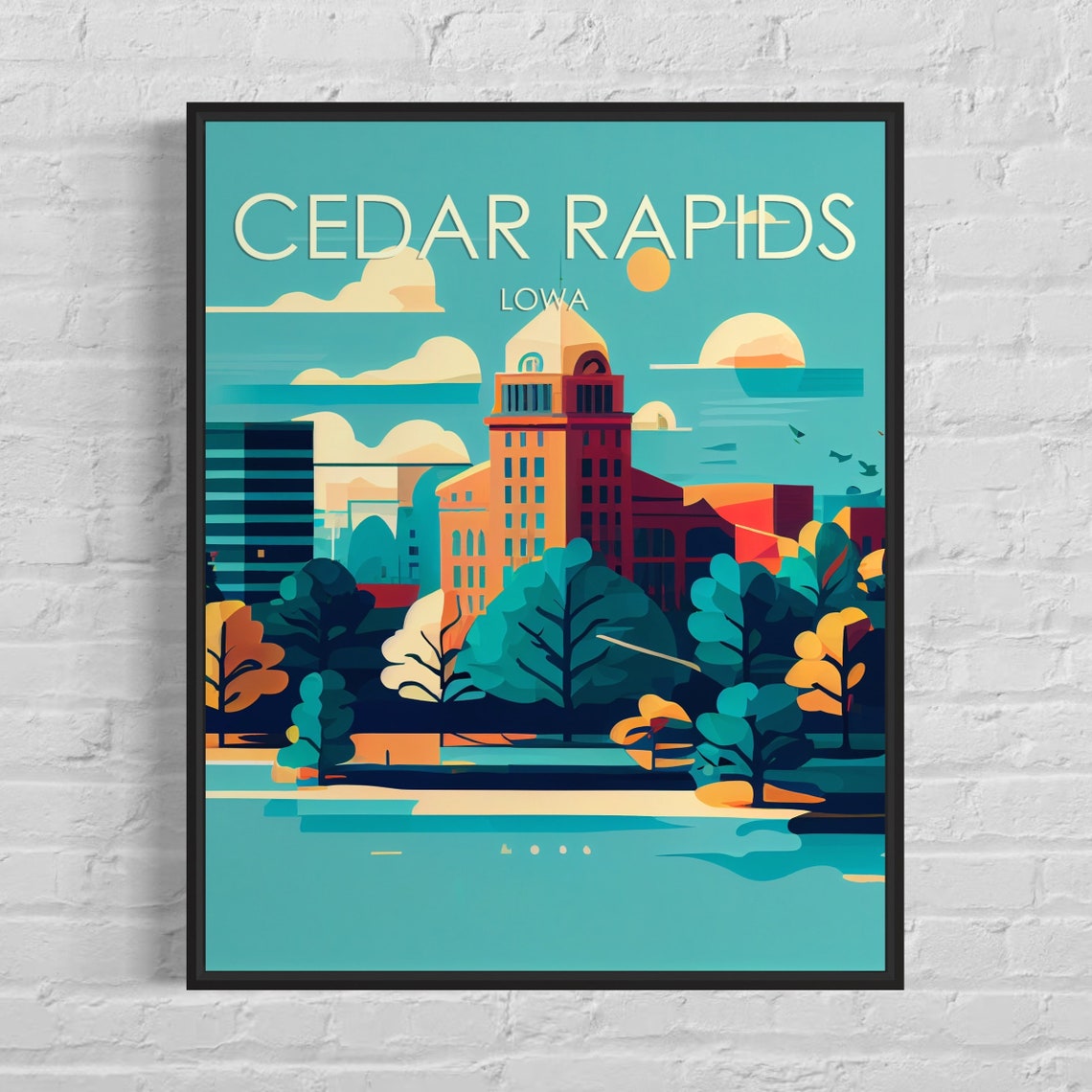 Cedar Rapids Iowa Retro Skyline Golden Sunset Riverfront Poster