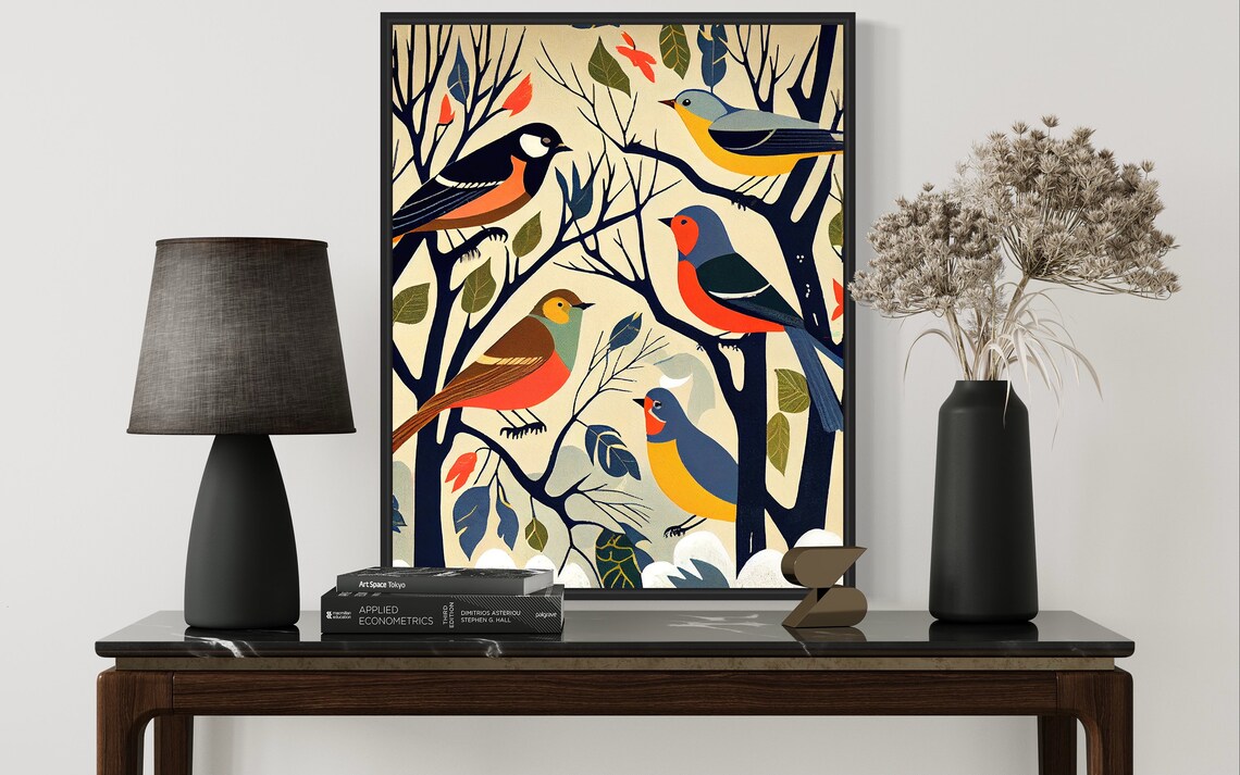 Colorful Songbirds Folk Art Style Birds on Branches Nature Print - Image 2