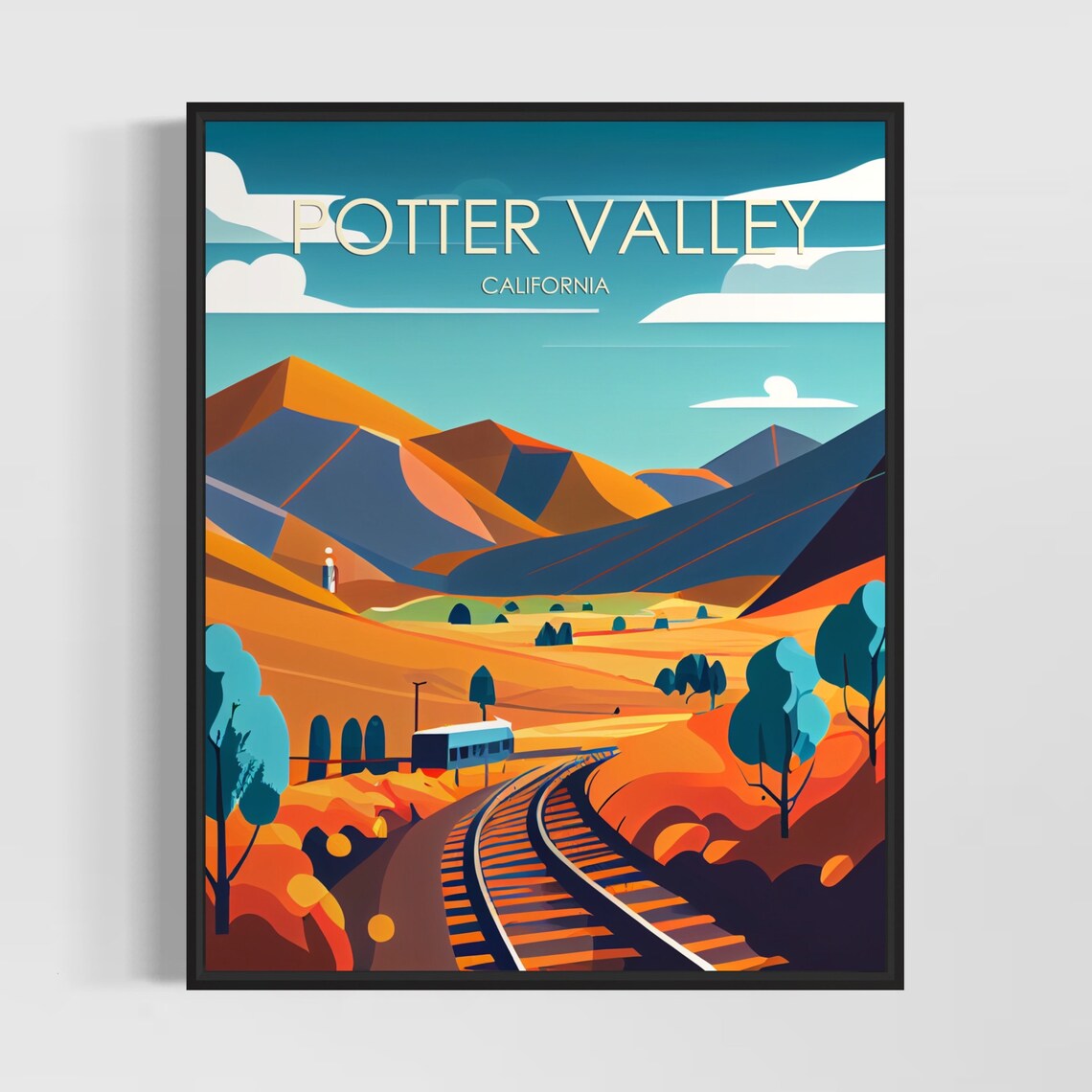 Potter Valley California Railway Tracks Golden Hills View Poster
