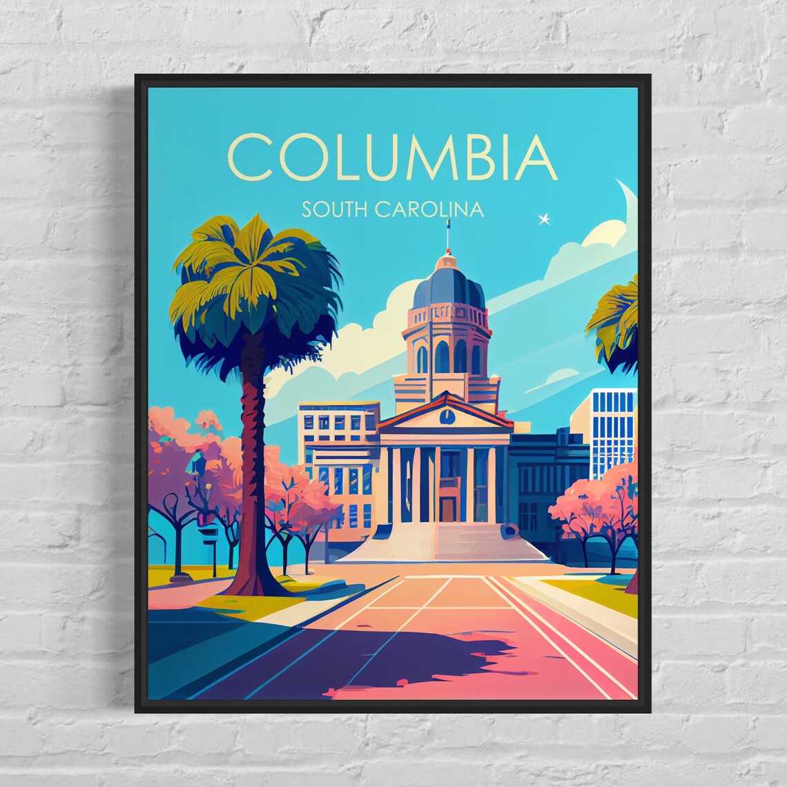 Columbia South Carolina Retro Statehouse Palms Morning Plaza Poster